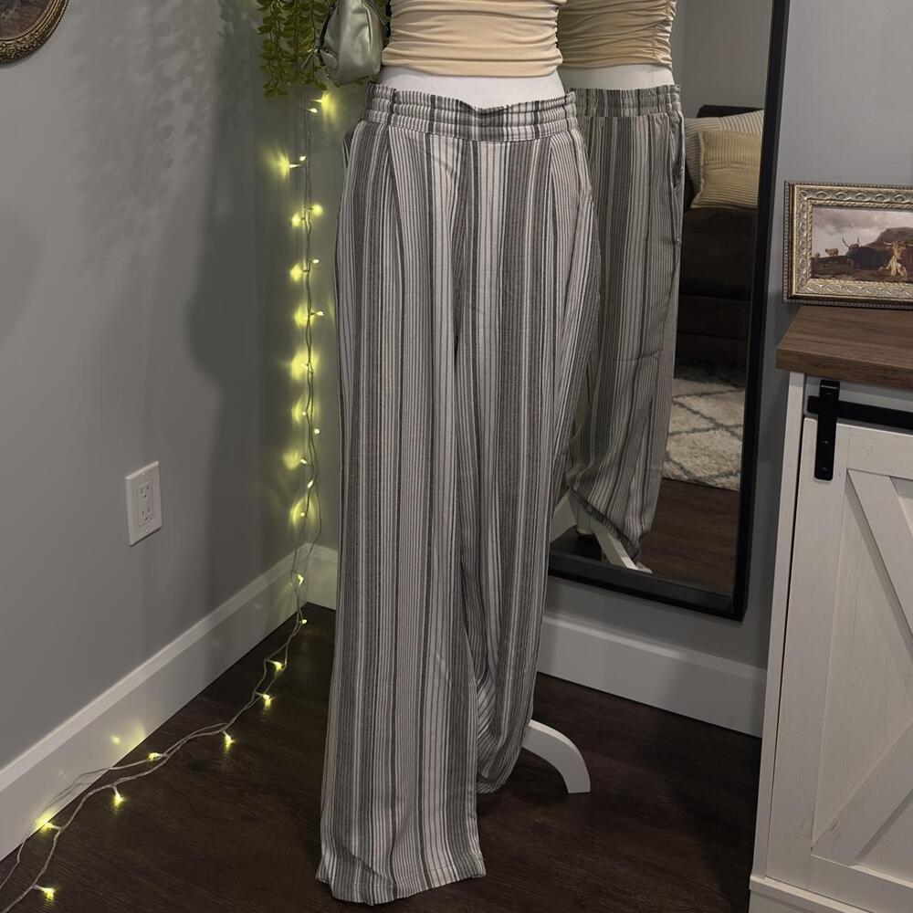Iyla Striped Linen Blend Wide Leg Pants M | Grey & Cream | Lightweight Casual